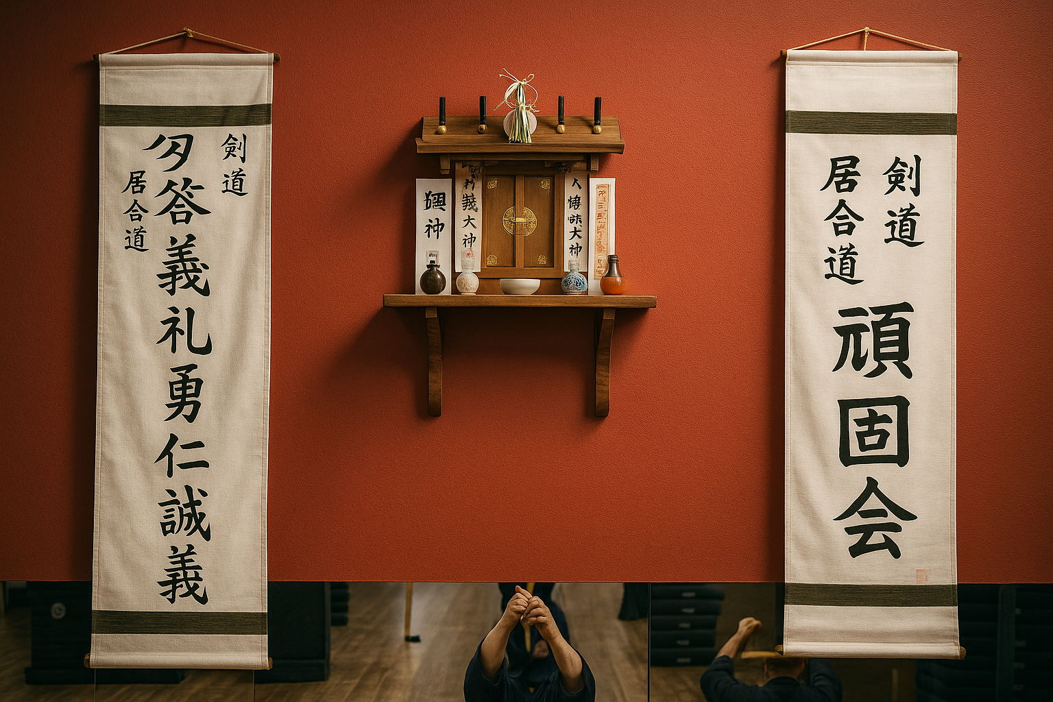 Dojo tradicional japonés con kamiza y pergaminos de caligrafía